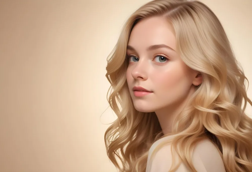 Blonde Woman With Fair Skin Approximately 20 Years Old Featuring Long Wavy Hair She Has A Subtle Glow On Her Skin And Is Looking Over Her Shoulder The Background Is A Soft Warm Beige Color 19 Dcd5