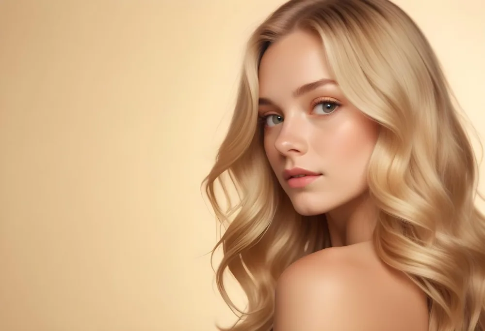 Blonde Woman With Fair Skin Approximately 20 Years Old Featuring Long Wavy Hair She Has A Subtle Glow On Her Skin And Is Looking Over Her Shoulder The Background Is A Soft Warm Beige Color 24 7d14
