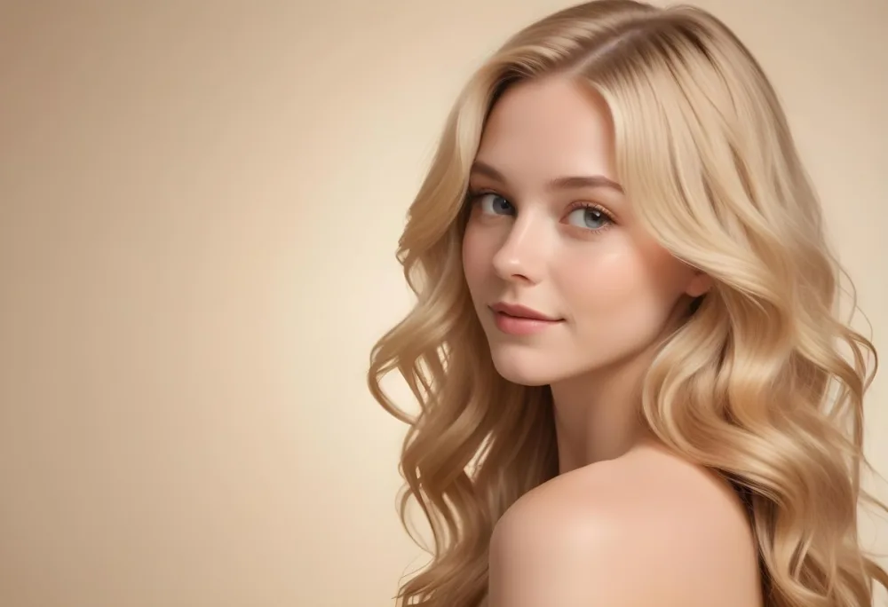 Blonde Woman With Fair Skin Approximately 20 Years Old Featuring Long Wavy Hair She Has A Subtle Glow On Her Skin And Is Looking Over Her Shoulder The Background Is A Soft Warm Beige Color 27 C509