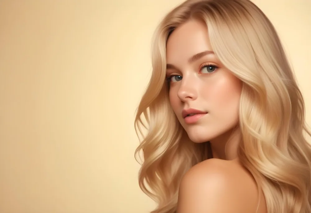 Blonde Woman With Fair Skin Approximately 20 Years Old Featuring Long Wavy Hair She Has A Subtle Glow On Her Skin And Is Looking Over Her Shoulder The Background Is A Soft Warm Beige Color 30 7ed9