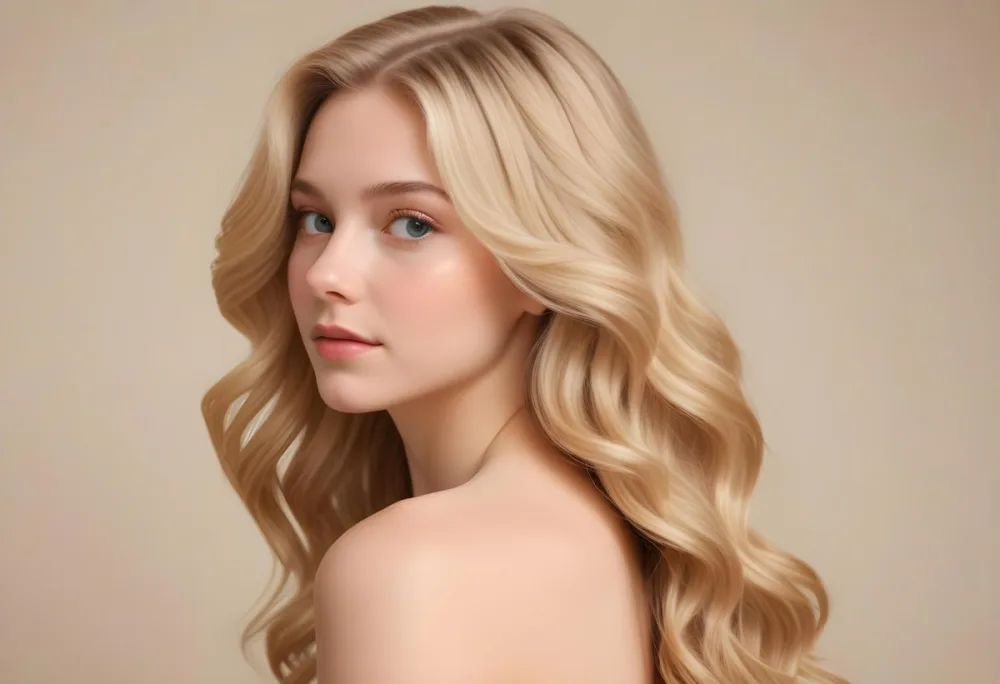 Blonde Woman With Fair Skin Approximately 20 Years Old Featuring Long Wavy Hair She Has A Subtle Glow On Her Skin And Is Looking Over Her Shoulder The Background Is A Soft Warm Beige Color 35 86fa