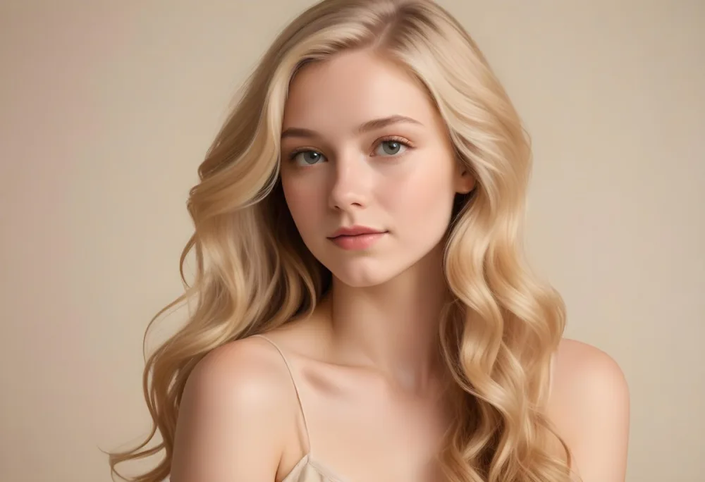 Blonde Woman With Fair Skin Approximately 20 Years Old Featuring Long Wavy Hair She Has A Subtle Glow On Her Skin And Is Looking Over Her Shoulder The Background Is A Soft Warm Beige Color 37 B6d1