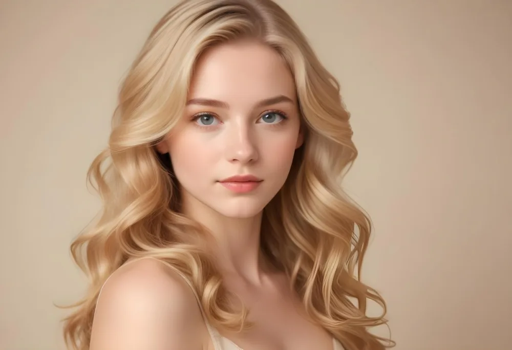 Blonde Woman With Fair Skin Approximately 20 Years Old Featuring Long Wavy Hair She Has A Subtle Glow On Her Skin And Is Looking Over Her Shoulder The Background Is A Soft Warm Beige Color 39 12dc