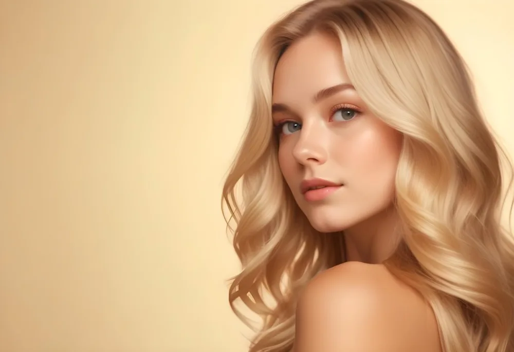 Blonde Woman With Fair Skin Approximately 20 Years Old Featuring Long Wavy Hair She Has A Subtle Glow On Her Skin And Is Looking Over Her Shoulder The Background Is A Soft Warm Beige Color 40 82dd