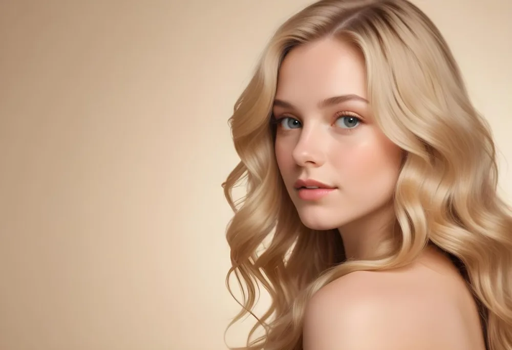 Blonde Woman With Fair Skin Approximately 20 Years Old Featuring Long Wavy Hair She Has A Subtle Glow On Her Skin And Is Looking Over Her Shoulder The Background Is A Soft Warm Beige Color 42 B4a1