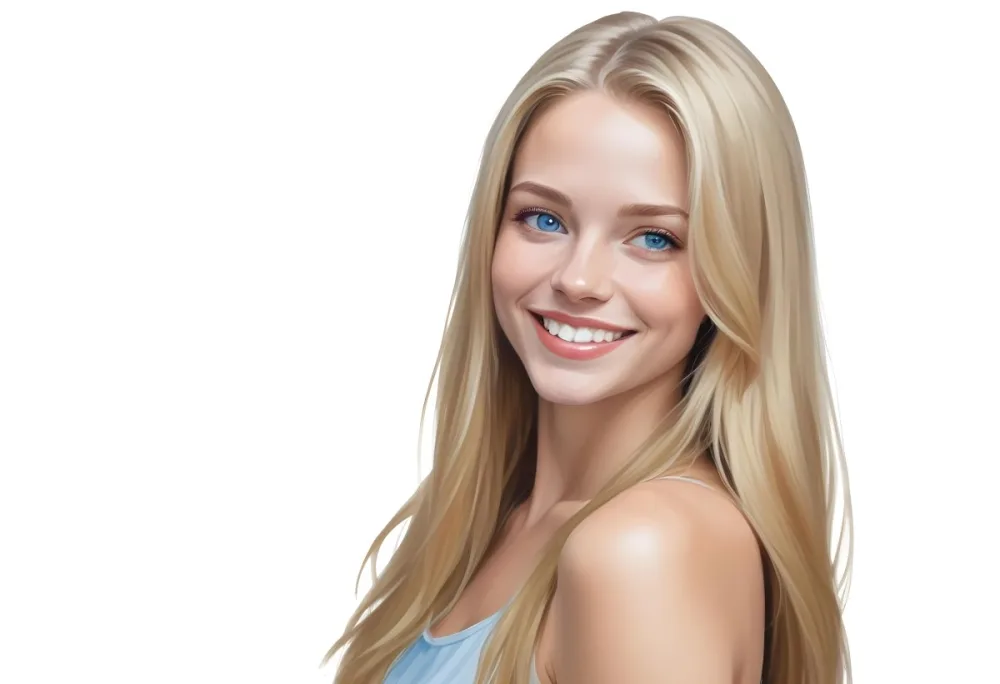 Blonde Woman With Long Straight Hair Light Skin And Blue Eyes Smiling Directly At The Camera With A Plain White Background 12 2c10