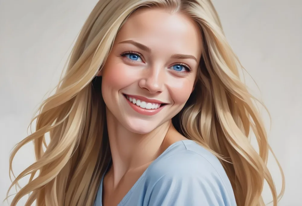 Blonde Woman With Long Straight Hair Light Skin And Blue Eyes Smiling Directly At The Camera With A Plain White Background 17 C1b6