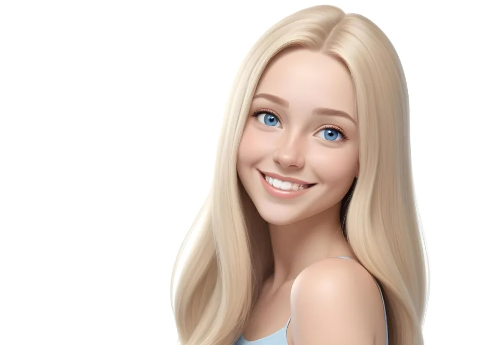 Blonde Woman With Long Straight Hair Light Skin And Blue Eyes Smiling Directly At The Camera With A Plain White Background 32 F677