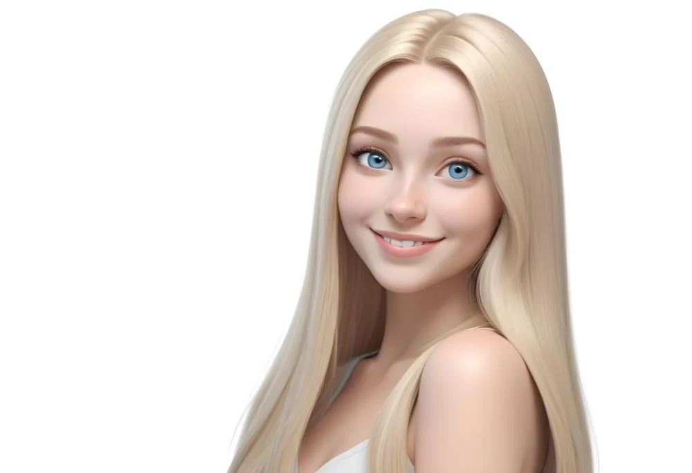 Blonde Woman With Long Straight Hair Light Skin And Blue Eyes Smiling Directly At The Camera With A Plain White Background 33 F7be