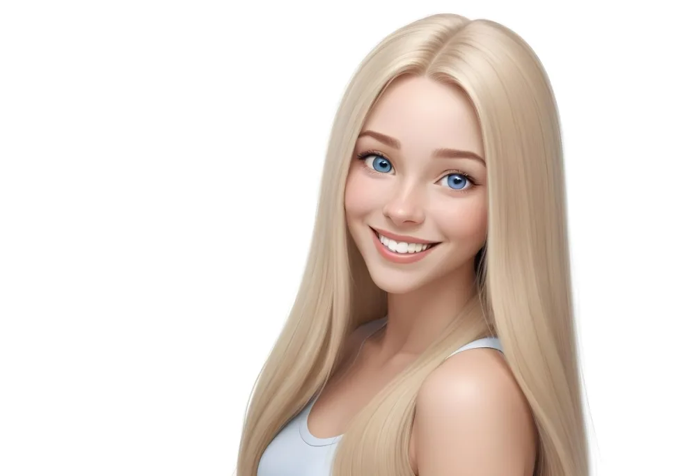 Blonde Woman With Long Straight Hair Light Skin And Blue Eyes Smiling Directly At The Camera With A Plain White Background 35 D558