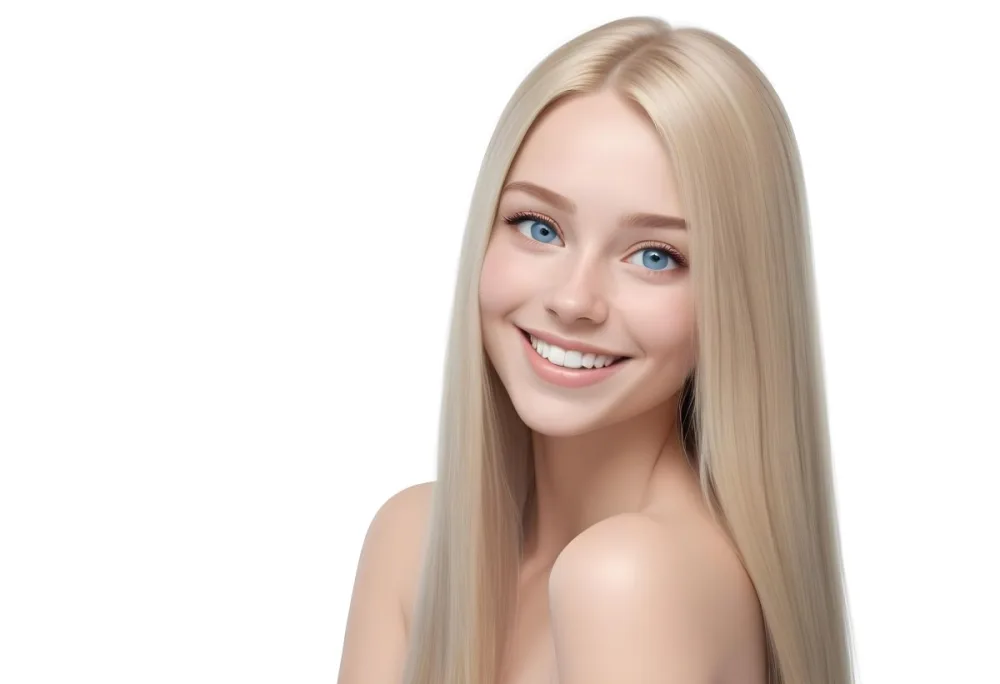 Blonde Woman With Long Straight Hair Light Skin And Blue Eyes Smiling Directly At The Camera With A Plain White Background 36 F016