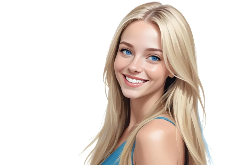 Blonde Woman With Long Straight Hair Light Skin And Blue Eyes Smiling Directly At The Camera With A Plain White Background 41 51c0