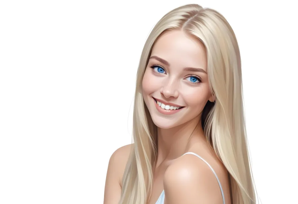 Blonde Woman With Long Straight Hair Light Skin And Blue Eyes Smiling Directly At The Camera With A Plain White Background 48 Ffba