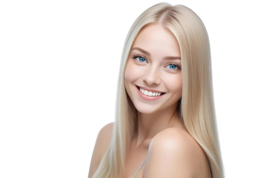Blonde Woman With Long Straight Hair Light Skin And Blue Eyes Smiling Directly At The Camera With A Plain White Background 51 95d1