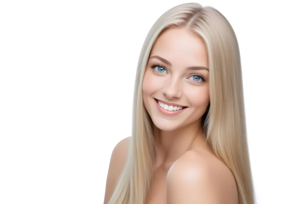 Blonde Woman With Long Straight Hair Light Skin And Blue Eyes Smiling Directly At The Camera With A Plain White Background 59 B83b