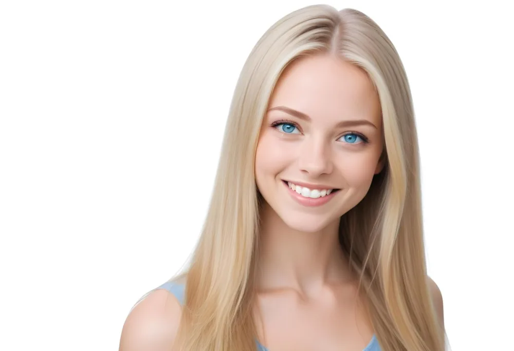 Blonde Woman With Long Straight Hair Light Skin And Blue Eyes Smiling Directly At The Camera With A Plain White Background 60 2a55