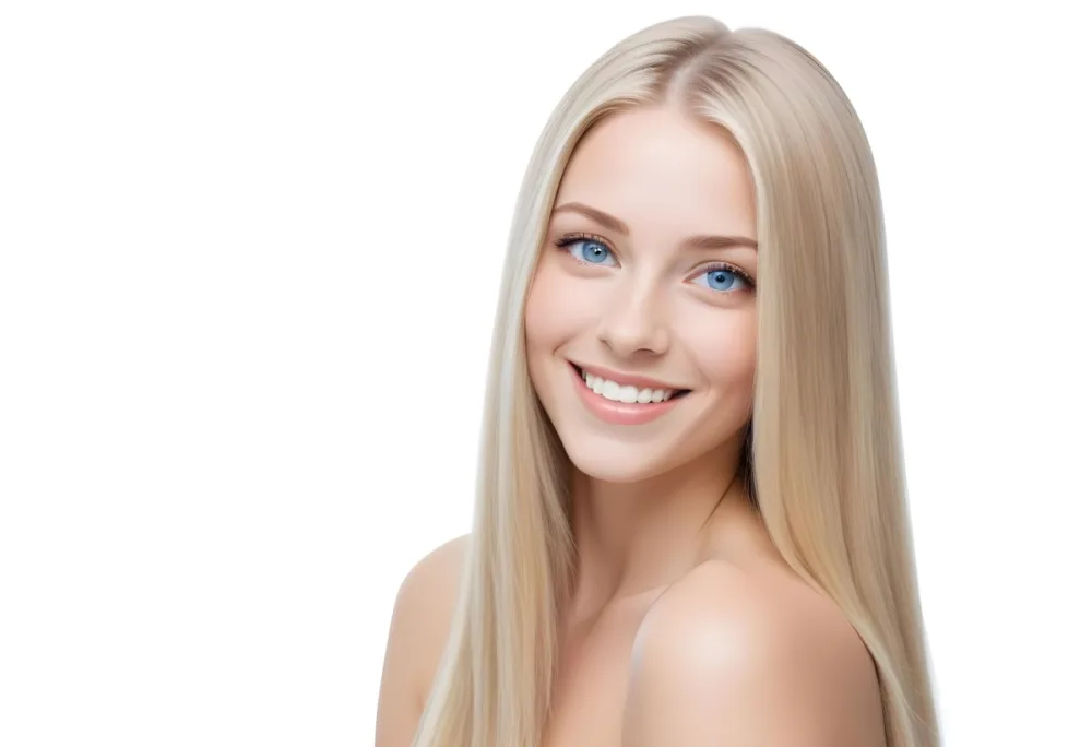 Blonde Woman With Long Straight Hair Light Skin And Blue Eyes Smiling Directly At The Camera With A Plain White Background 63 4e3d
