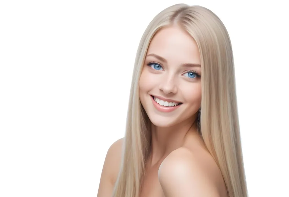 Blonde Woman With Long Straight Hair Light Skin And Blue Eyes Smiling Directly At The Camera With A Plain White Background 67 57fc