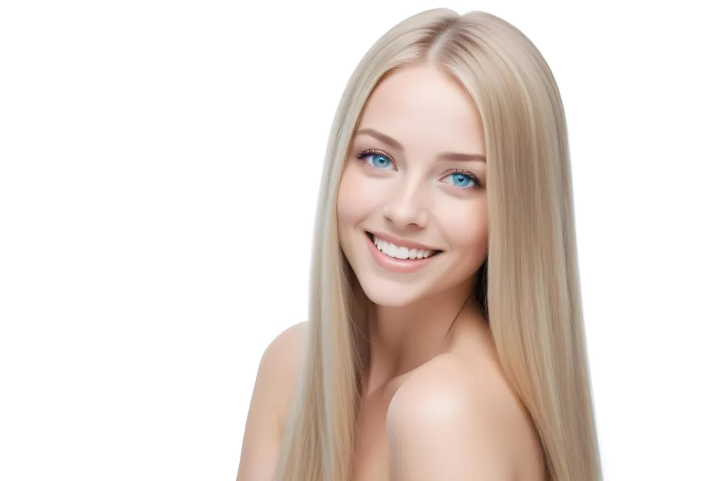 Blonde Woman With Long Straight Hair Light Skin And Blue Eyes Smiling Directly At The Camera With A Plain White Background 68 6a56