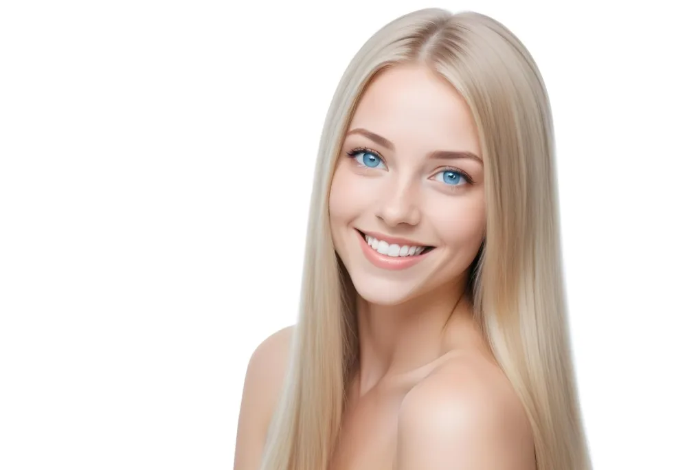 Blonde Woman With Long Straight Hair Light Skin And Blue Eyes Smiling Directly At The Camera With A Plain White Background 73 279d