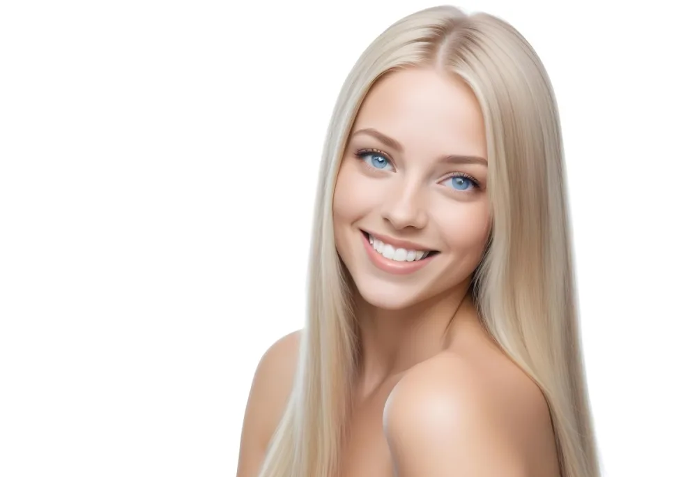 Blonde Woman With Long Straight Hair Light Skin And Blue Eyes Smiling Directly At The Camera With A Plain White Background 74 Fdcf