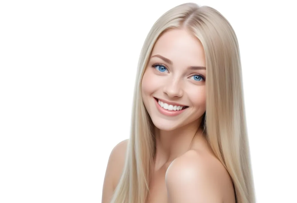Blonde Woman With Long Straight Hair Light Skin And Blue Eyes Smiling Directly At The Camera With A Plain White Background 76 8d32