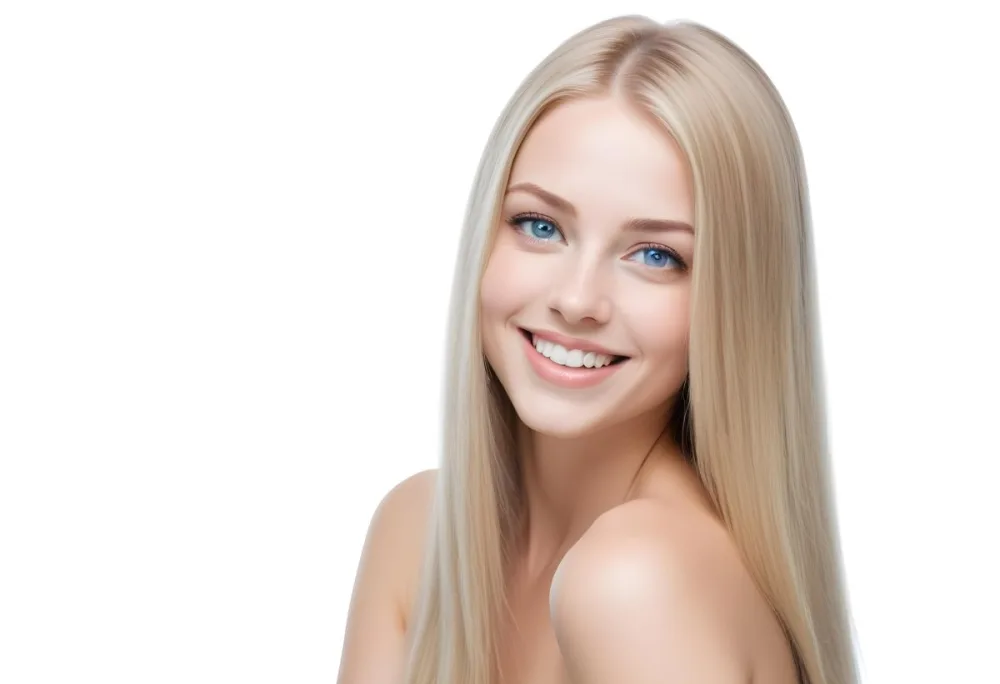 Blonde Woman With Long Straight Hair Light Skin And Blue Eyes Smiling Directly At The Camera With A Plain White Background 80 43a6