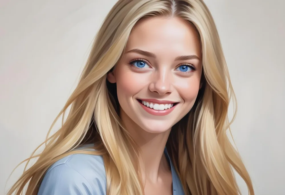Blonde Woman With Long Straight Hair Light Skin And Blue Eyes Smiling Directly At The Camera With A Plain White Background 9 3838