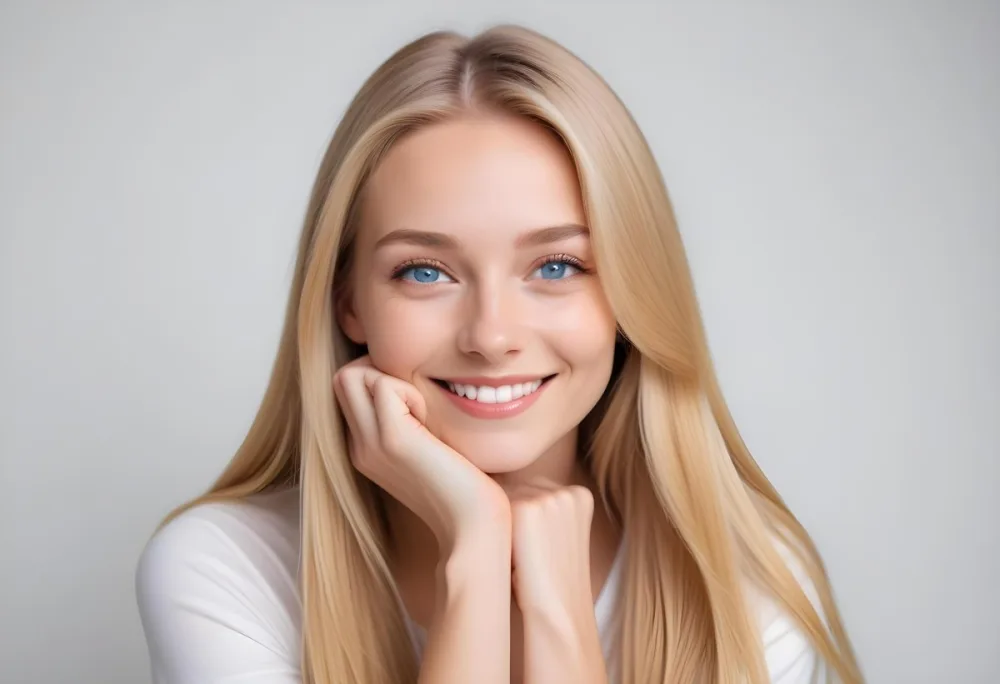 Blonde Woman With Long Straight Hair Light Skin And Blue Eyes Smiling While Resting Her Chin On Her Hand The Background Is Plain White 1 1f46