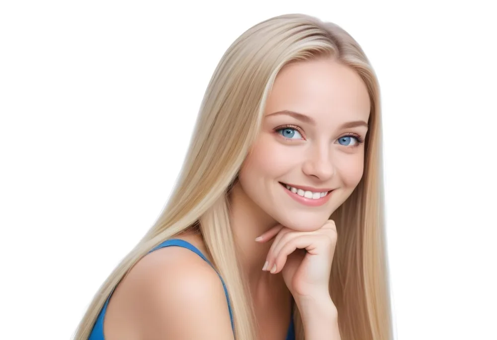 Blonde Woman With Long Straight Hair Light Skin And Blue Eyes Smiling While Resting Her Chin On Her Hand The Background Is Plain White 10 5e77