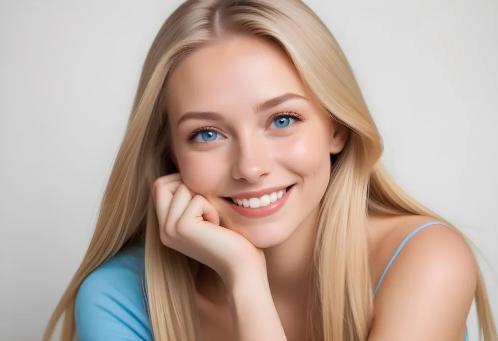Blonde Woman With Long Straight Hair Light Skin And Blue Eyes Smiling While Resting Her Chin On Her Hand The Background Is Plain White 2 B49c