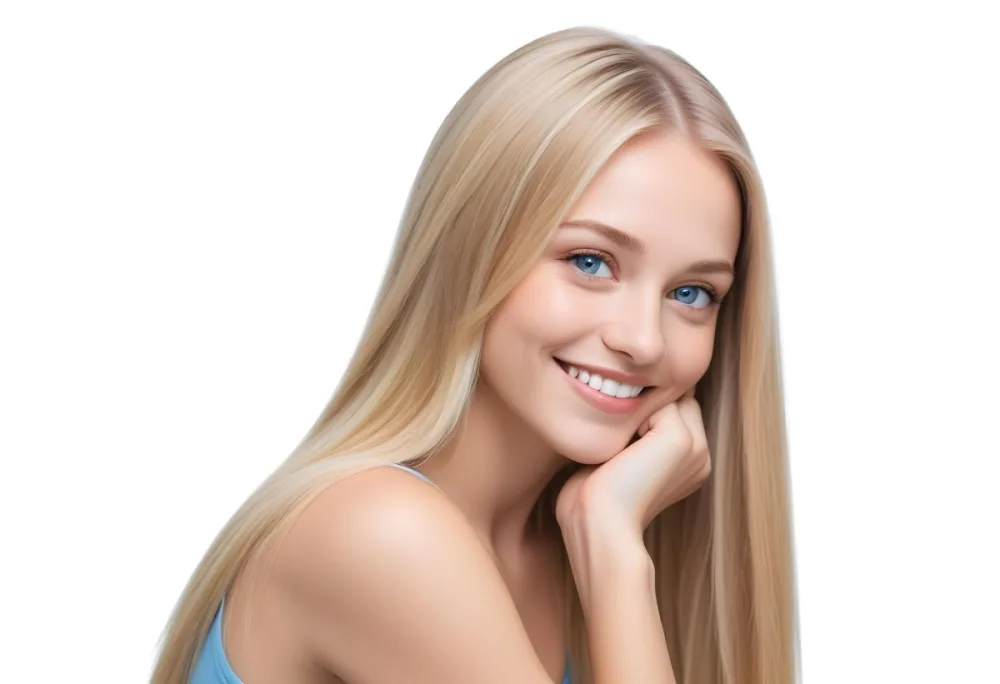 Blonde Woman With Long Straight Hair Light Skin And Blue Eyes Smiling While Resting Her Chin On Her Hand The Background Is Plain White 3 10d8
