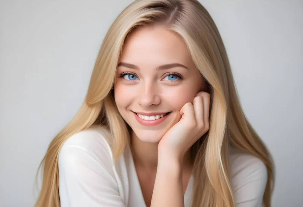 Blonde Woman With Long Straight Hair Light Skin And Blue Eyes Smiling While Resting Her Chin On Her Hand The Background Is Plain White 4 9275