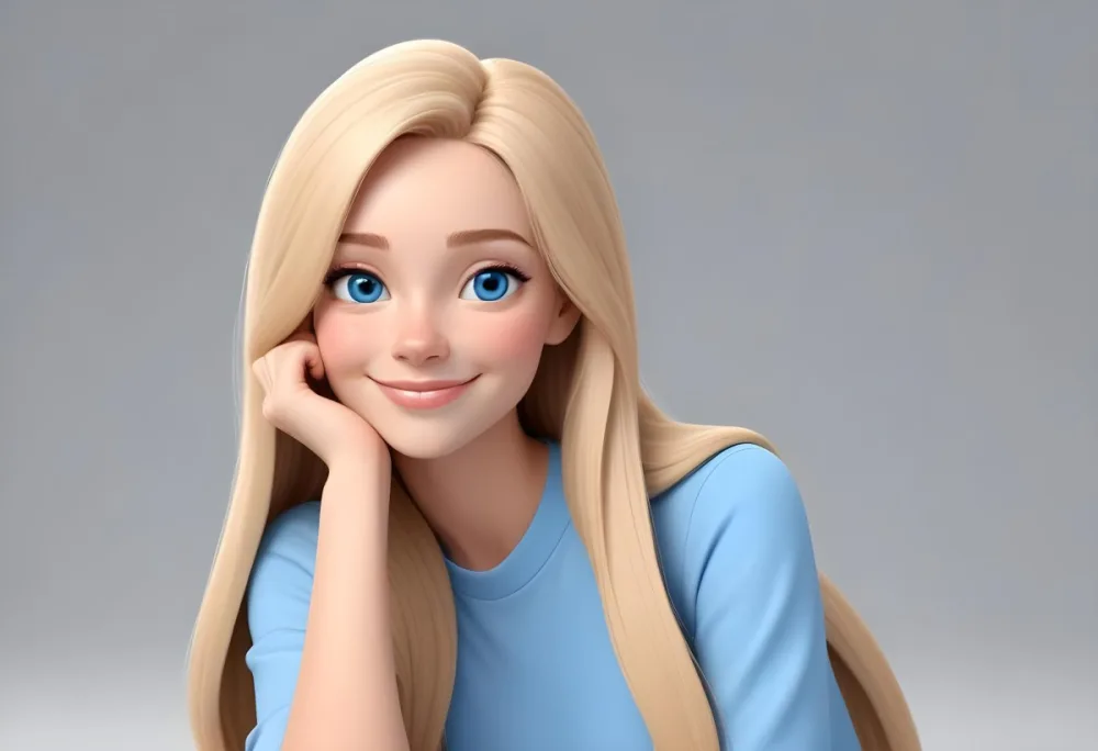 Blonde Woman With Long Straight Hair Light Skin And Blue Eyes Smiling While Resting Her Chin On Her Hand The Background Is Plain White 5 6327