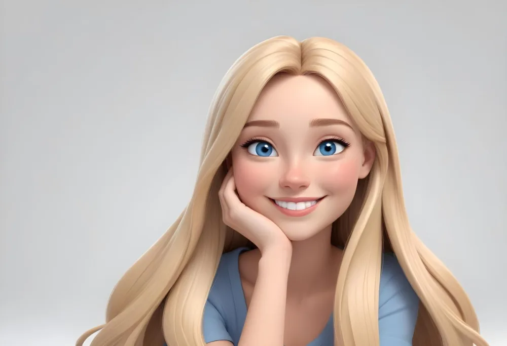 Blonde Woman With Long Straight Hair Light Skin And Blue Eyes Smiling While Resting Her Chin On Her Hand The Background Is Plain White 6 C1e5