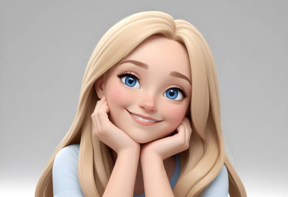 Blonde Woman With Long Straight Hair Light Skin And Blue Eyes Smiling While Resting Her Chin On Her Hand The Background Is Plain White 7 B71c