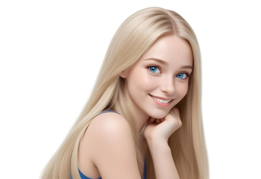 Blonde Woman With Long Straight Hair Light Skin And Blue Eyes Smiling While Resting Her Chin On Her Hand The Background Is Plain White 8 A3ef