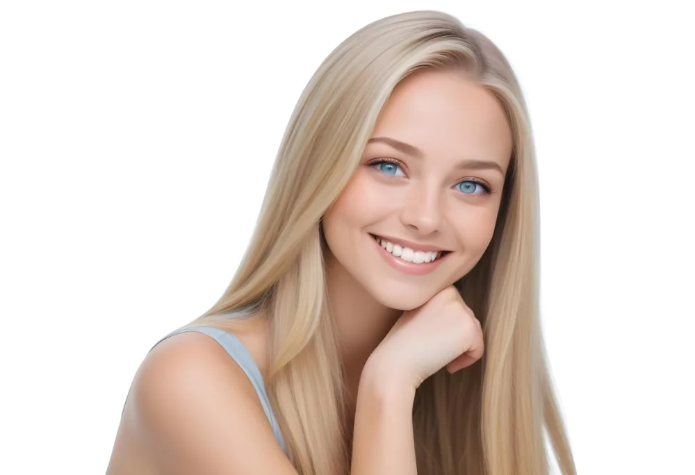 Blonde Woman With Long Straight Hair Light Skin And Blue Eyes Smiling While Resting Her Chin On Her Hand The Background Is Plain White 9 E2e1