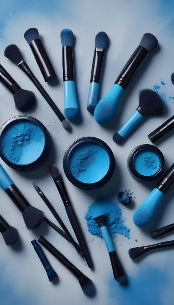 Blue Makeup Brushes With Black Bristles Resting On A Surface Covered In Blue Powder Alongside Small Containers Of Blue Cosmetic Products The Background Is A Solid Blue Color 1 6663