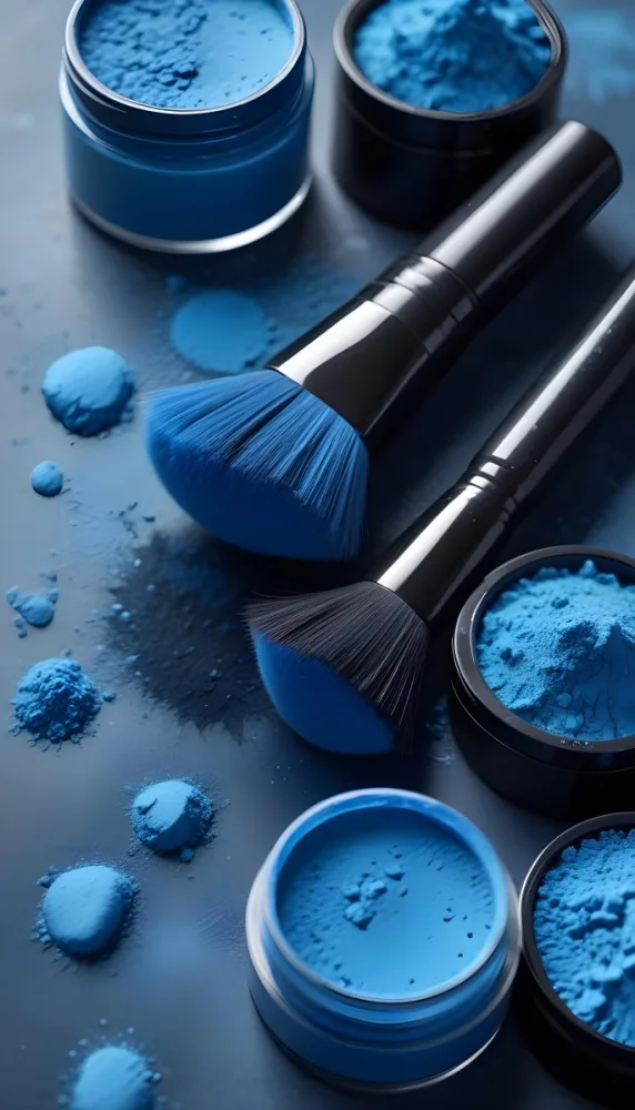 Blue Makeup Brushes With Black Bristles Resting On A Surface Covered In Blue Powder Alongside Small Containers Of Blue Cosmetic Products The Background Is A Solid Blue Color 4 D469