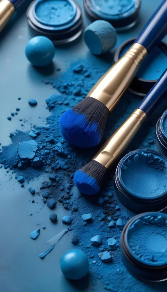 Blue Makeup Brushes With Black Bristles Resting On A Surface Covered In Blue Powder Alongside Small Containers Of Blue Cosmetic Products The Background Is A Solid Blue Color 6 8ed2