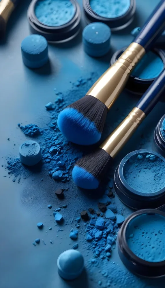 Blue Makeup Brushes With Black Bristles Resting On A Surface Covered In Blue Powder Alongside Small Containers Of Blue Cosmetic Products The Background Is A Solid Blue Color 9 5400