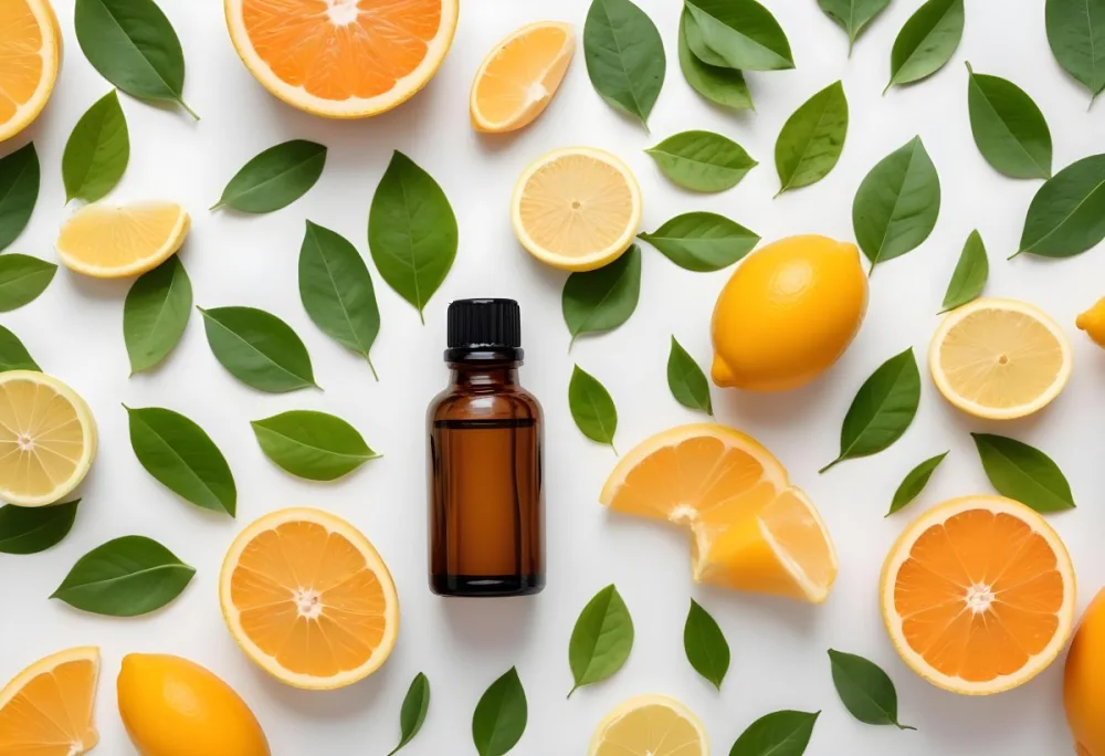 Bottle Of Essential Oil Surrounded By Fresh Citrus Fruits Leaves And Herbs 15 09c2