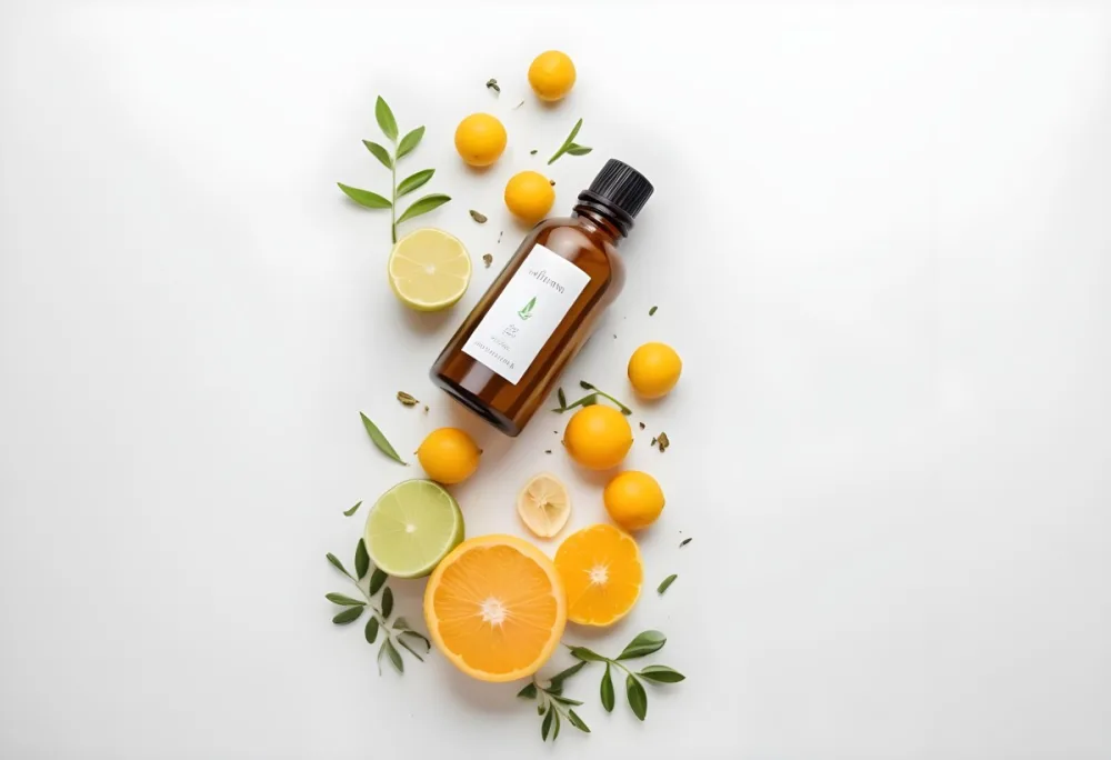 Bottle Of Essential Oil Surrounded By Fresh Citrus Fruits Leaves And Herbs On A White Background 12
