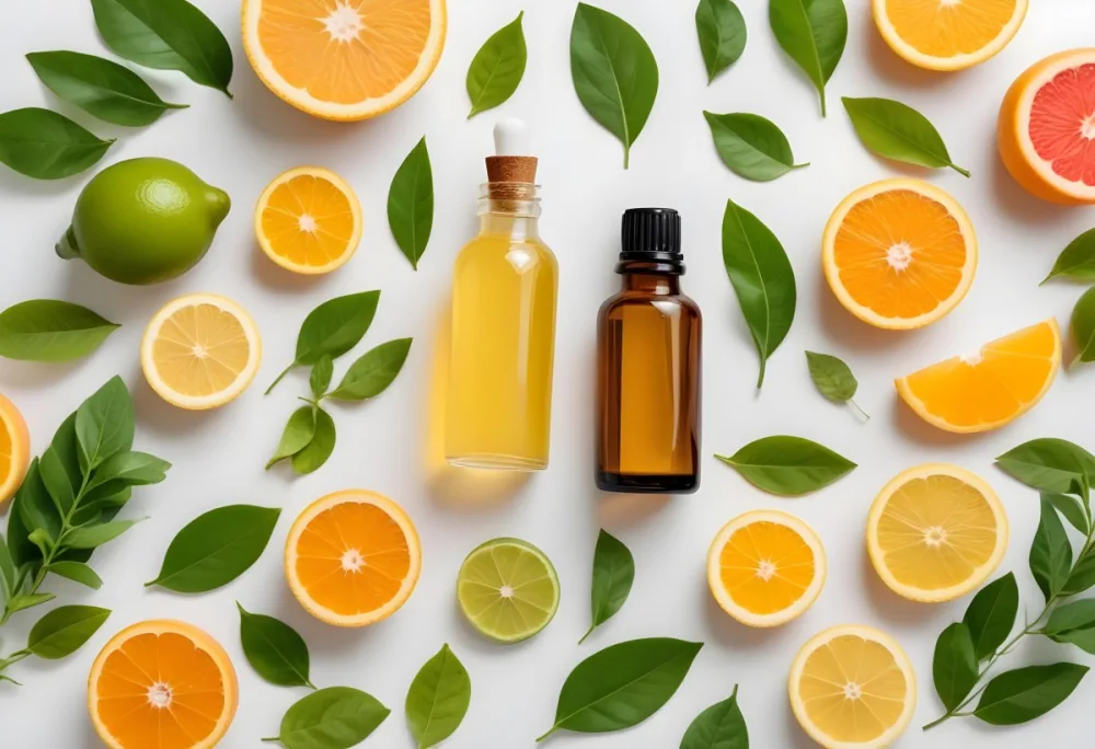 Bottle Of Essential Oil Surrounded By Fresh Citrus Fruits Leaves And Herbs On A White Background 14 0612