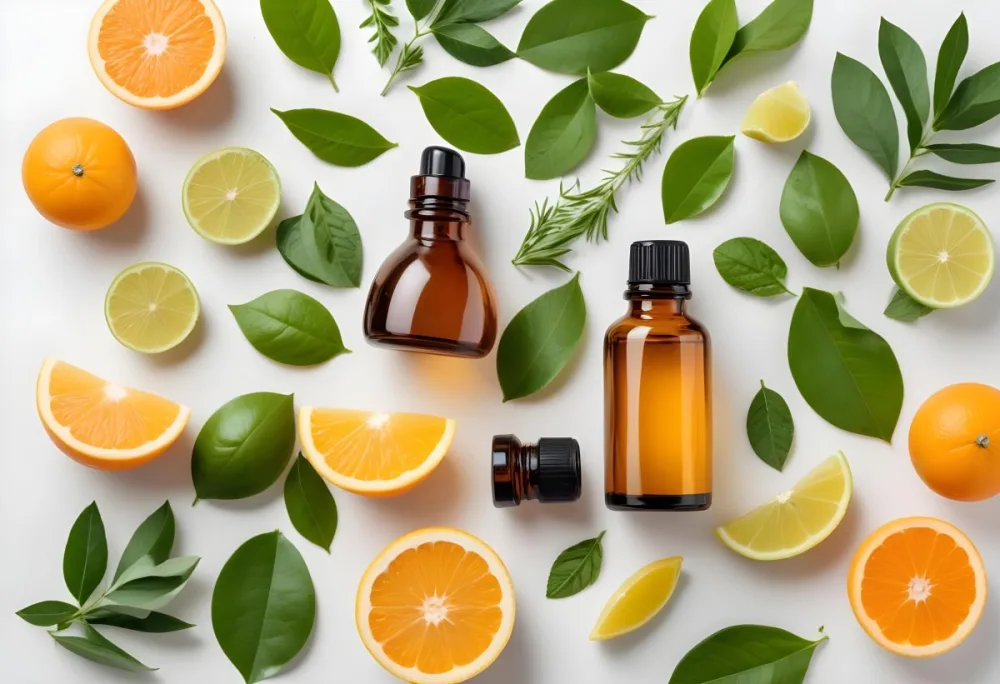 Bottle Of Essential Oil Surrounded By Fresh Citrus Fruits Leaves And Herbs On A White Background 21
