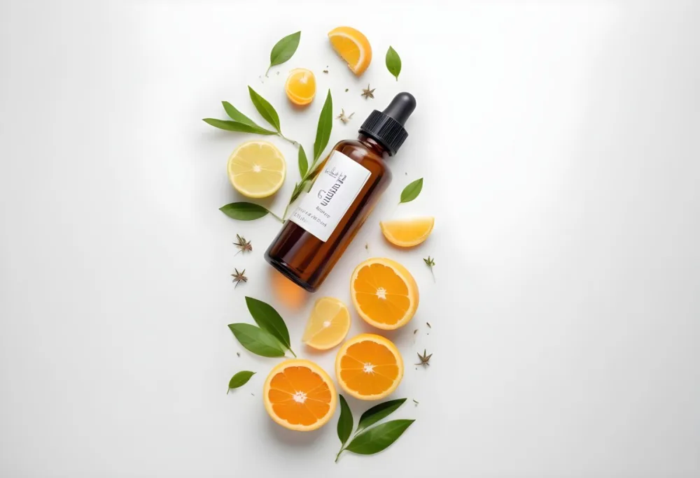 Bottle Of Essential Oil Surrounded By Fresh Citrus Fruits Leaves And Herbs On A White Background 5