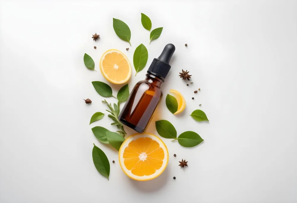 Bottle Of Essential Oil Surrounded By Fresh Citrus Fruits Leaves And Herbs On A White Background 7