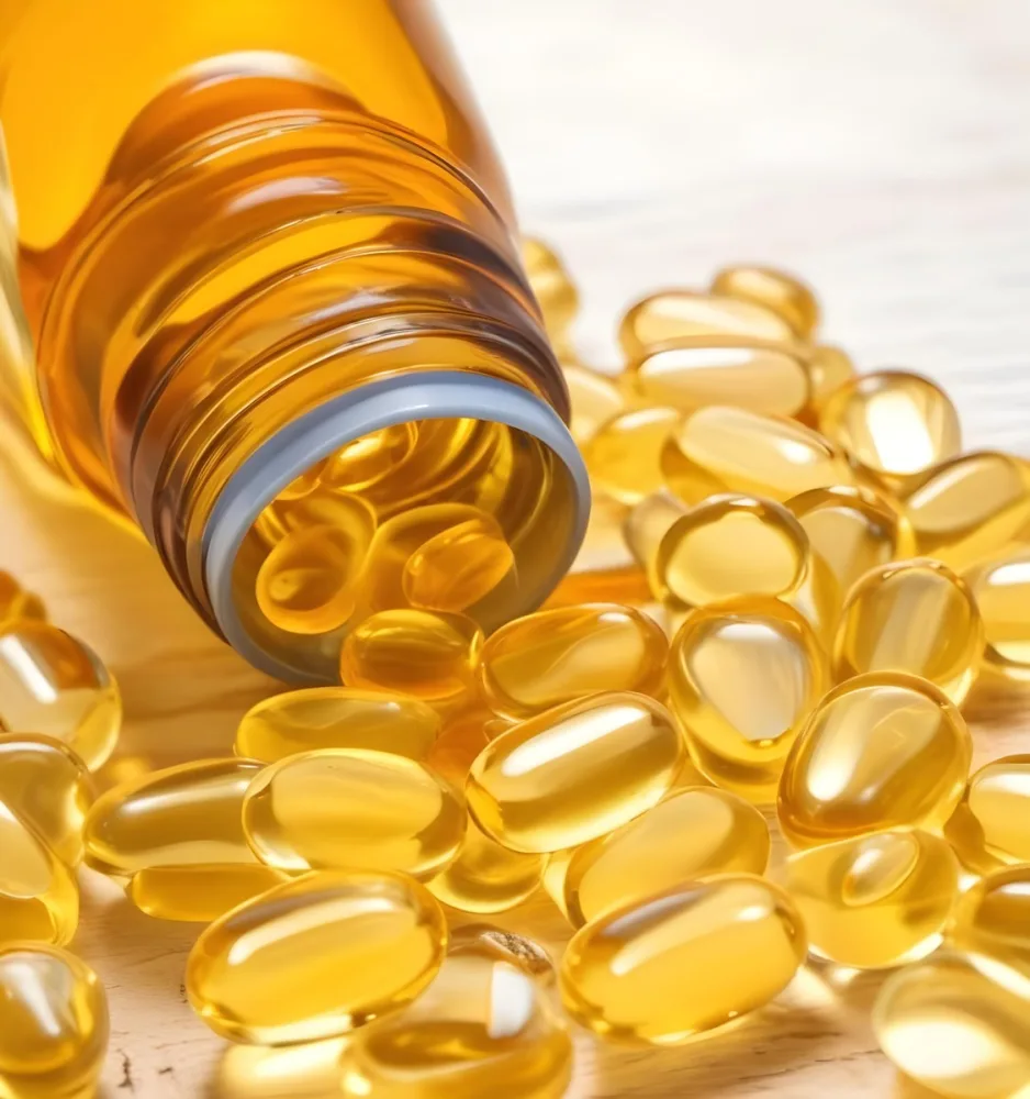 Bottle Of Golden Fish Oil Capsules Spilled On A Wooden Surface 10 87f2