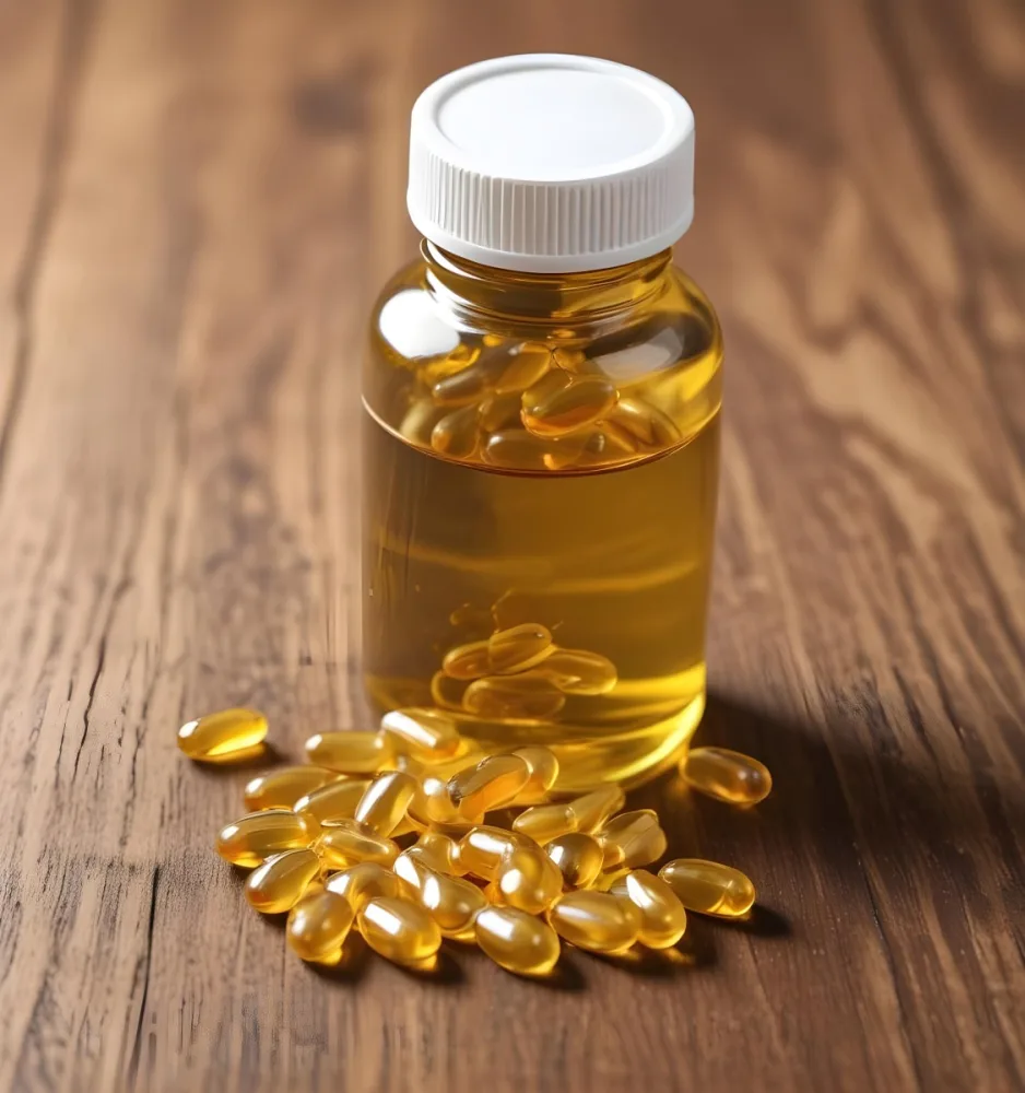 Bottle Of Golden Fish Oil Capsules Spilled On A Wooden Surface 2 1d60